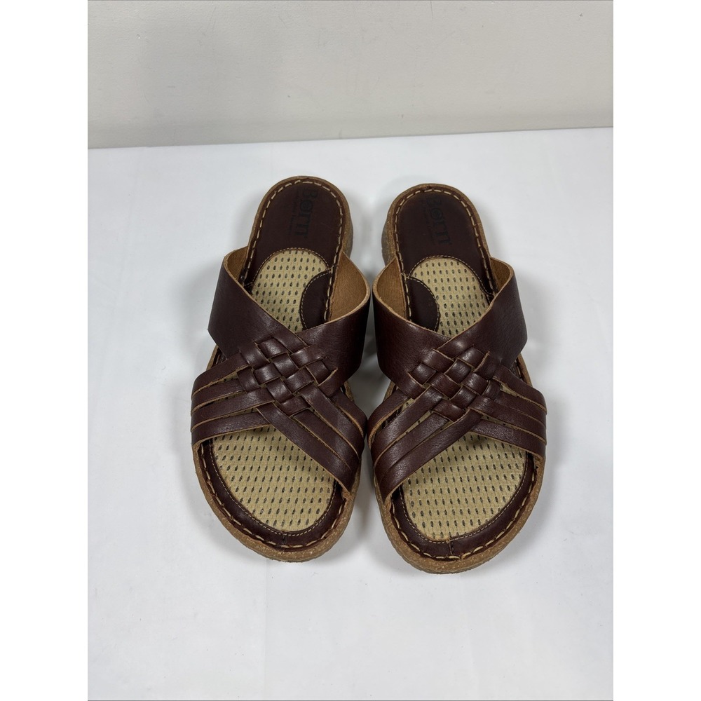 Born Womens 7 Cross Cross Slip On MLAS Brown Leather Slides Flats Casual Comfort - Picture 3 of 12
